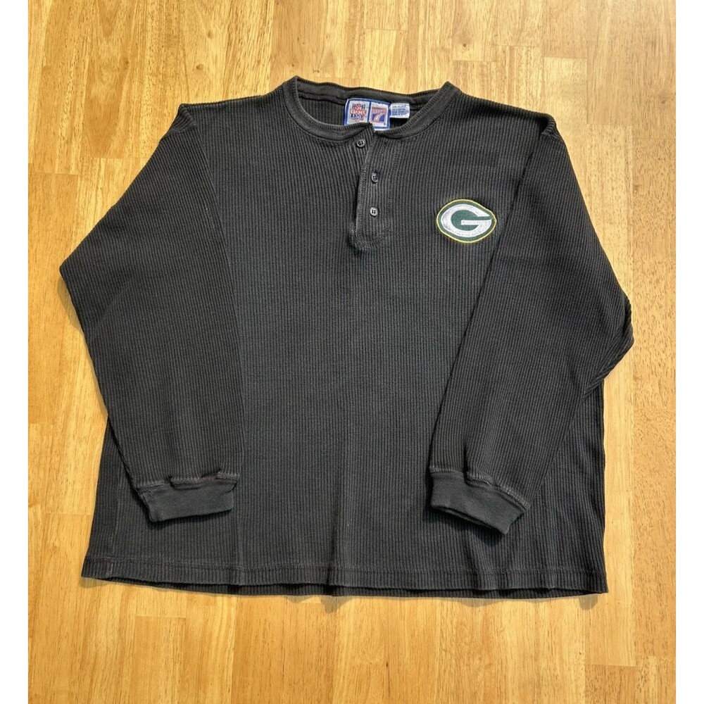 Vintage 90's NFL Green Bay Packers Long Sleeve Henley Black Thermal Shirt XL P2